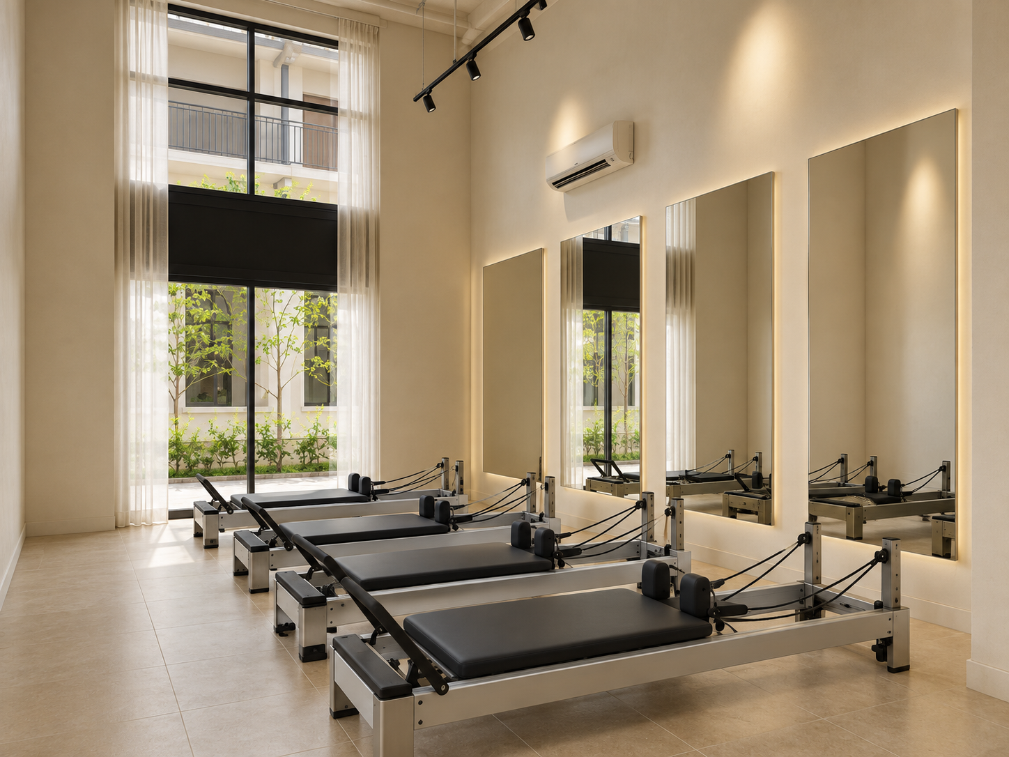 Design rendering of the Playa training room with reformers and mirrored walls